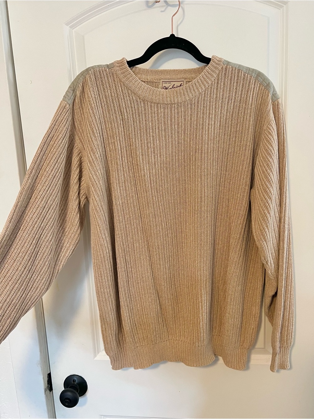 VNTG Woolrich Handframed Military Knit Patch Cream Crewneck Sweater